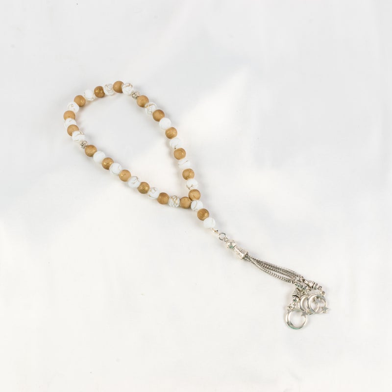 Goldesh Brown & White Alabaster Stone Prayer Bead of 33 Beads - Image 1