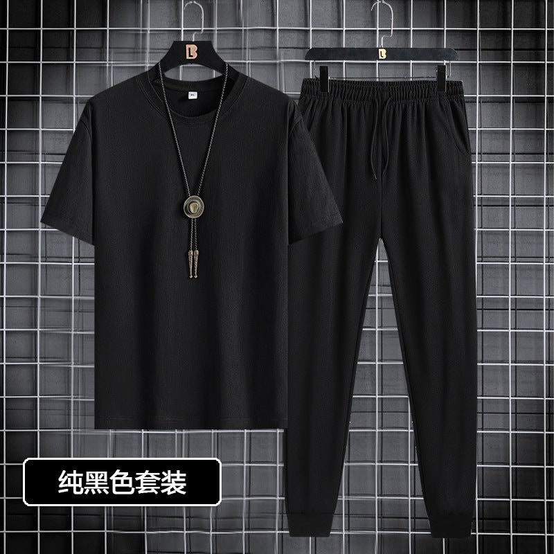 Short-sleeved trousers suit men's 2024 New Youth Men's sports casual round neck trendy printed two-piece suit - Image 1