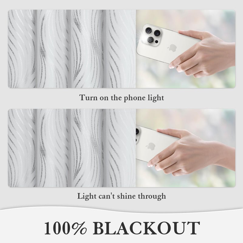 Xwincel 100% Blackout Curtains White and Silver Foil Pattern Curtains 63 Inches Long for Bedroom Metallic Silver Wave Print Drapes for Living Room Thermal Insulated Grommet Window Curtains 2 Panel Set - Image 4