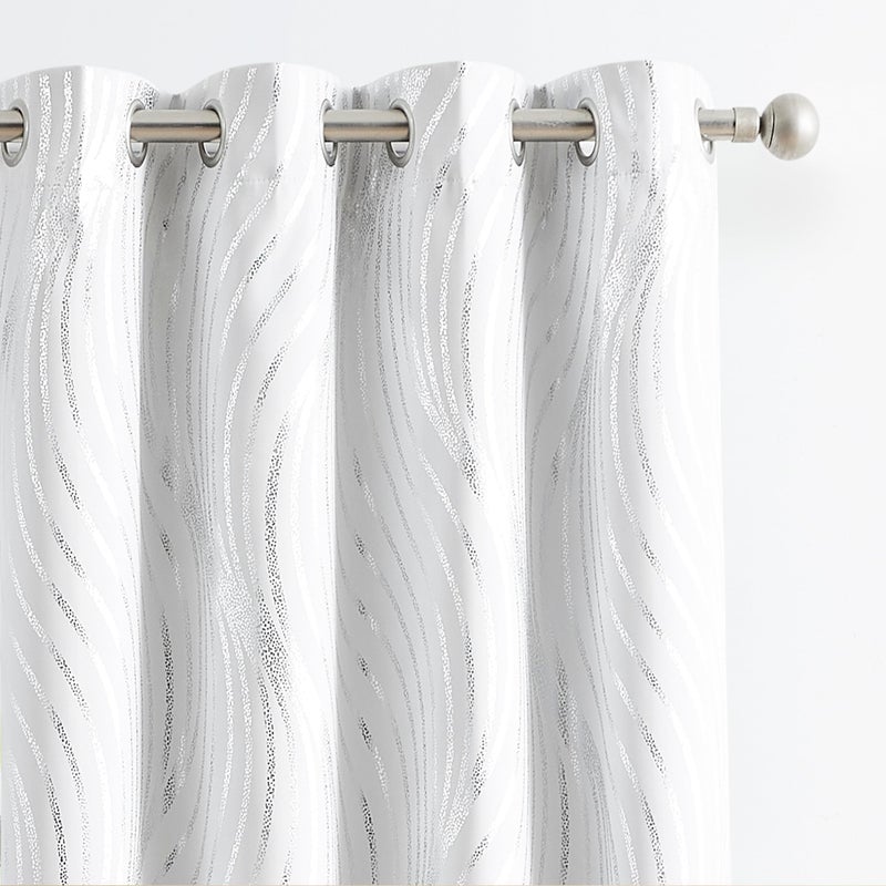 Xwincel 100% Blackout Curtains White and Silver Foil Pattern Curtains 63 Inches Long for Bedroom Metallic Silver Wave Print Drapes for Living Room Thermal Insulated Grommet Window Curtains 2 Panel Set - Image 1