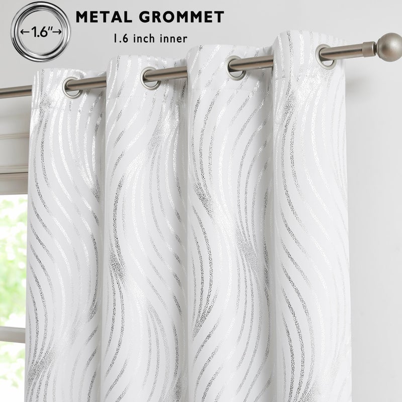 Xwincel 100% Blackout Curtains White and Silver Foil Pattern Curtains 63 Inches Long for Bedroom Metallic Silver Wave Print Drapes for Living Room Thermal Insulated Grommet Window Curtains 2 Panel Set - Image 3