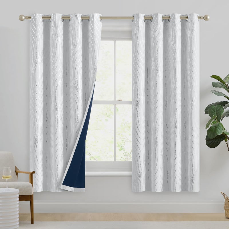Xwincel 100% Blackout Curtains White and Silver Foil Pattern Curtains 63 Inches Long for Bedroom Metallic Silver Wave Print Drapes for Living Room Thermal Insulated Grommet Window Curtains 2 Panel Set - Image 2