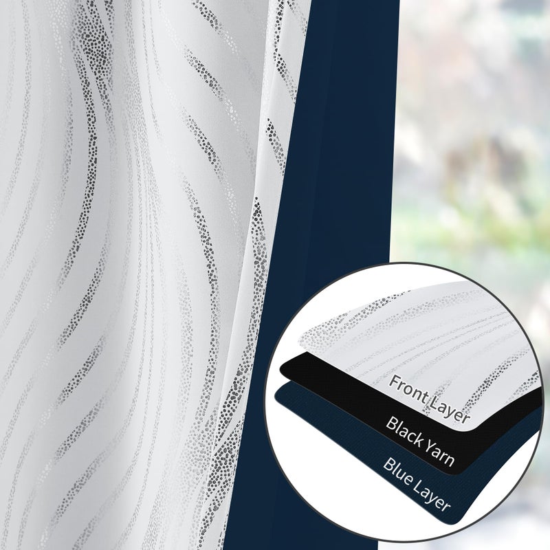 Xwincel 100% Blackout Curtains White and Silver Foil Pattern Curtains 63 Inches Long for Bedroom Metallic Silver Wave Print Drapes for Living Room Thermal Insulated Grommet Window Curtains 2 Panel Set - Image 5