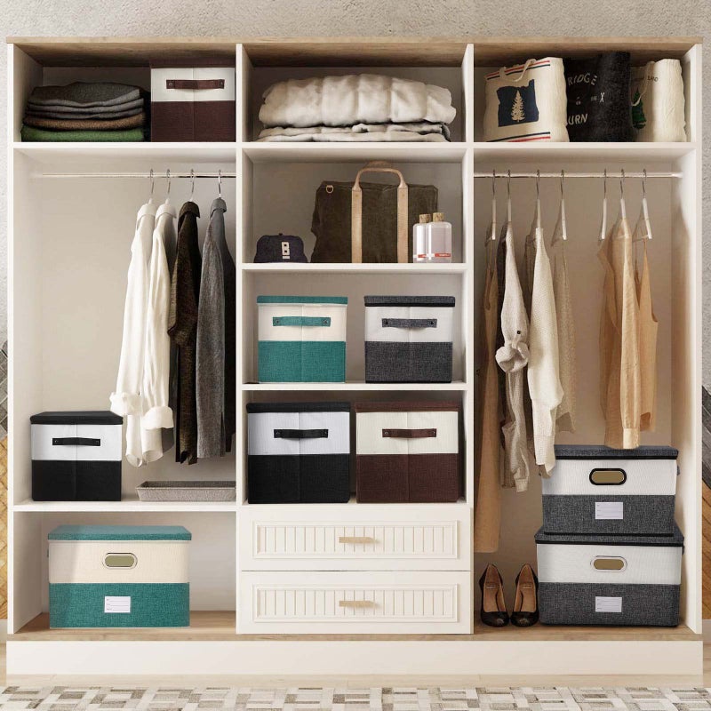Valease Large Linen Fabric Foldable Storage Bins with Removable Lid and Handles, Washable Storage Box Organizer Containers Baskets Cube with Cover for Bedroom,Closet,Office (Coffee&Cream, Medium) - Image 3