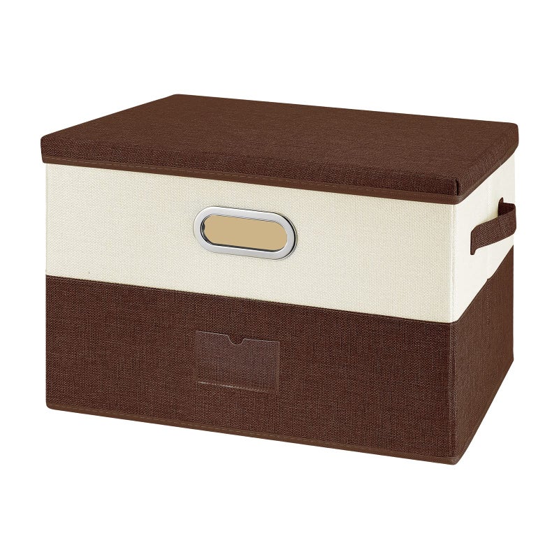 Valease Large Linen Fabric Foldable Storage Bins with Removable Lid and Handles, Washable Storage Box Organizer Containers Baskets Cube with Cover for Bedroom,Closet,Office (Coffee&Cream, Medium) - Image 1