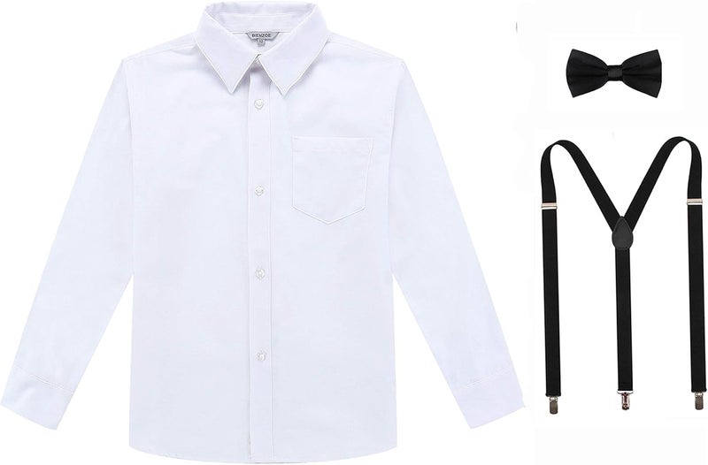 Bienzoe Boys Long Sleeve Shirt: School Uniform Oxford Button Down Cotton Tops Suspender Bowtie Pack - Image 1