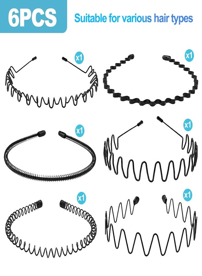CoguZed 6-Pack Unisex Metal Headbands, Adjustable Elastic Wavy Hairband, Black - Image 2