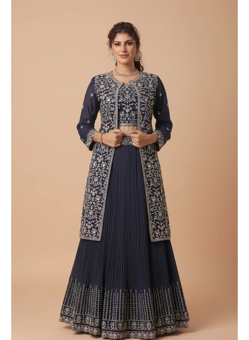 Lehar Midnight Blue Georgette Jacket-Style Lehenga Set with Intricate Silver Zari Embroidery