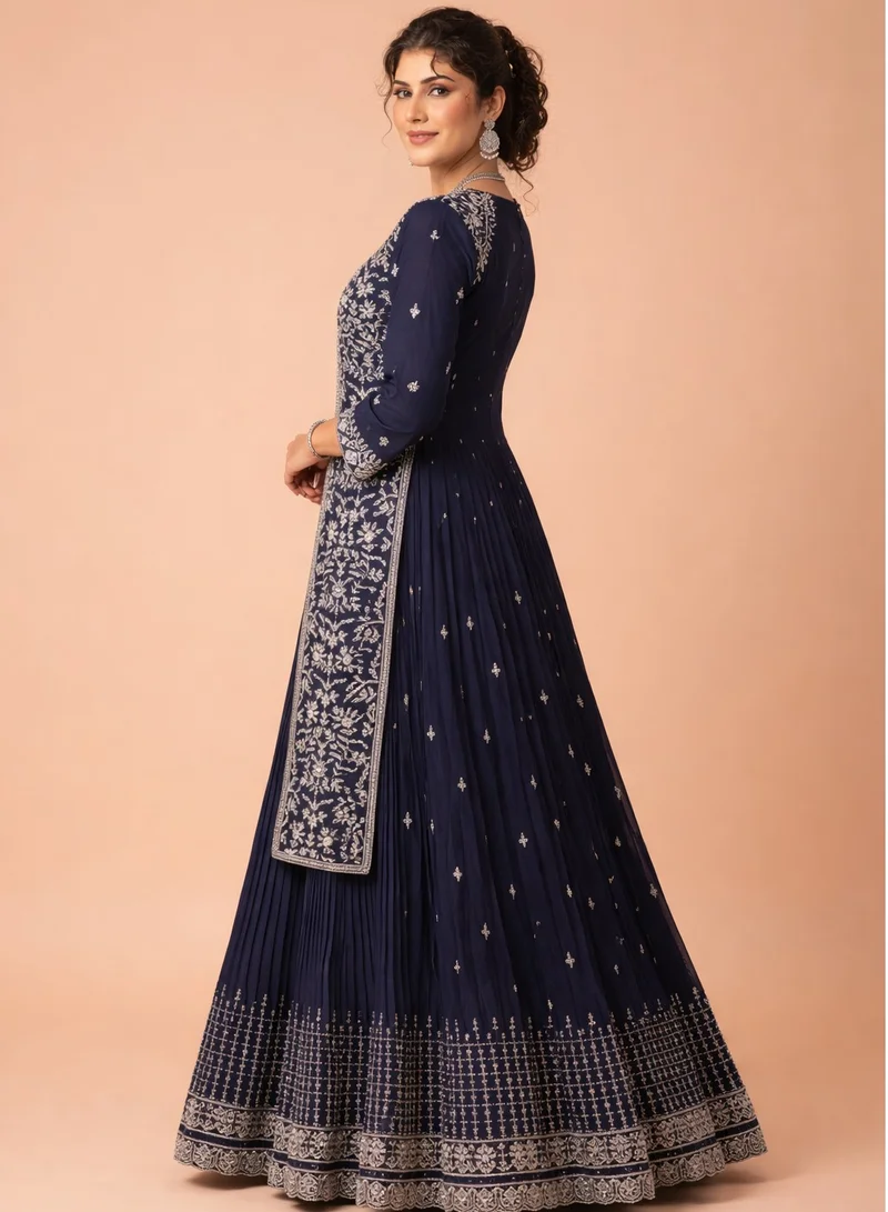 Lehar Midnight Blue Georgette Jacket-Style Lehenga Set with Intricate Silver Zari Embroidery