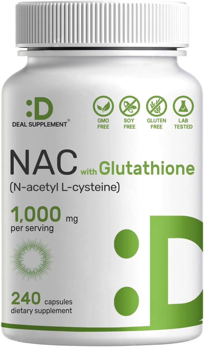 DEAL SUPPLEMENT مكمل ديل NAC مكمل NAcetyl Cysteine 1000 ملغ لكل حصة مع الجلوتاثيون المخفض 240 كبسولة دعم مضاد للأكسدة لصحة المناعة ووظيفة الرئة والكبد - Image 1