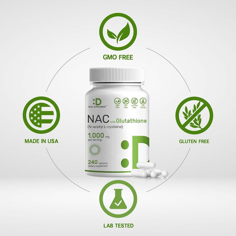 DEAL SUPPLEMENT مكمل ديل NAC مكمل NAcetyl Cysteine 1000 ملغ لكل حصة مع الجلوتاثيون المخفض 240 كبسولة دعم مضاد للأكسدة لصحة المناعة ووظيفة الرئة والكبد - Image 5