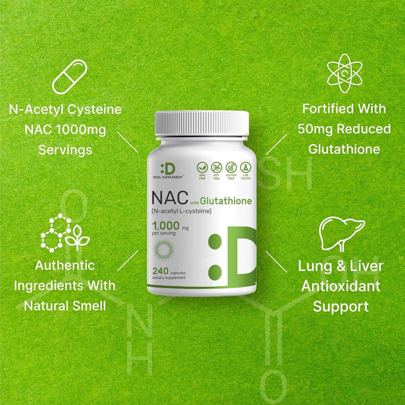 DEAL SUPPLEMENT مكمل ديل NAC مكمل NAcetyl Cysteine 1000 ملغ لكل حصة مع الجلوتاثيون المخفض 240 كبسولة دعم مضاد للأكسدة لصحة المناعة ووظيفة الرئة والكبد - Image 3