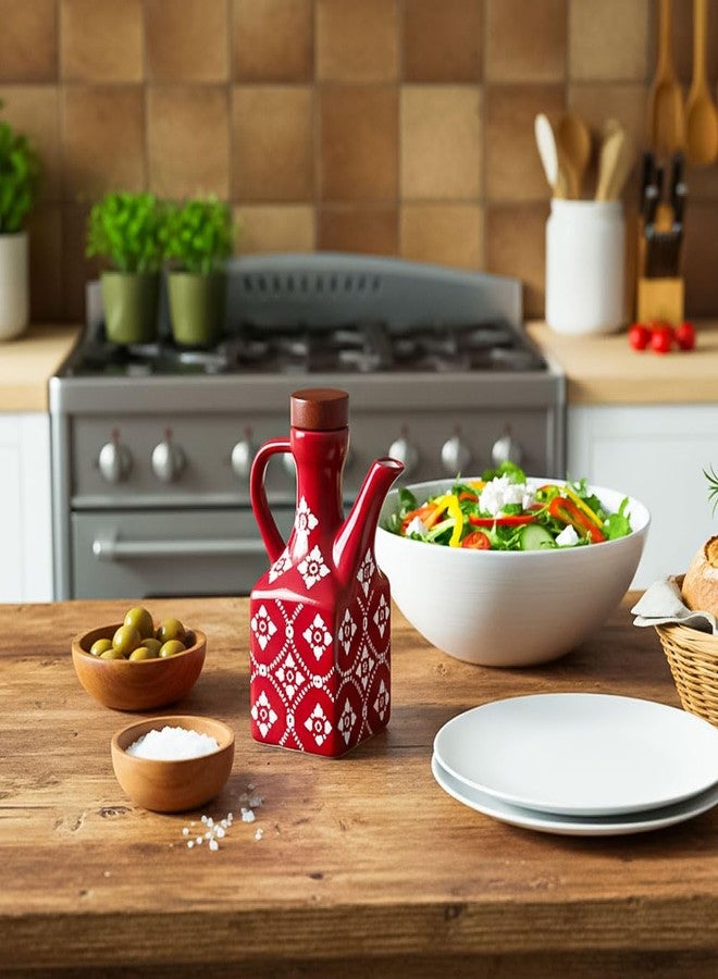 Gnlnkn Red Ceramic Olive Oil Dispenser Bottle 8.5 oz - Decanter for Kitchen with Handle & Wooden Stopper, Decorative Oil and Vinegar Dispenser Set, Cooking Oil Container Cruet for Olive, Avocado, Vinegar - Image 3