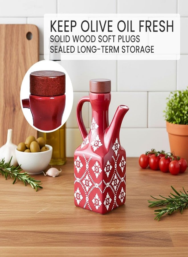 Gnlnkn Red Ceramic Olive Oil Dispenser Bottle 8.5 oz - Decanter for Kitchen with Handle & Wooden Stopper, Decorative Oil and Vinegar Dispenser Set, Cooking Oil Container Cruet for Olive, Avocado, Vinegar - Image 4