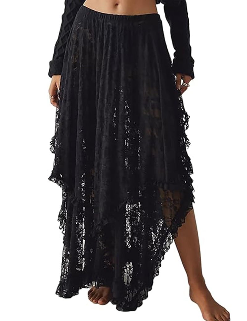 Yimoon Lace Skirts for Women Flowy Boho Maxi Skirt Elastic Asymmetrical Layered See-Through Long Skirt(Black-M) - Image 1