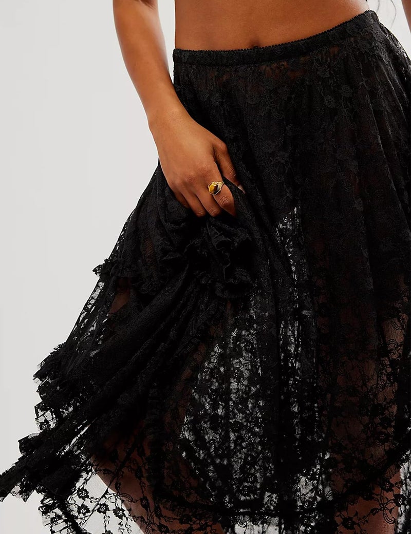 Yimoon Lace Skirts for Women Flowy Boho Maxi Skirt Elastic Asymmetrical Layered See-Through Long Skirt(Black-M) - Image 4