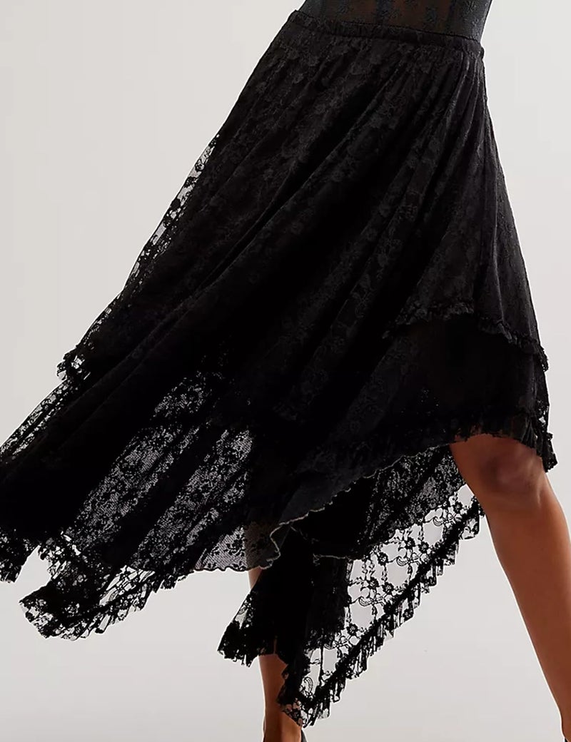 Yimoon Lace Skirts for Women Flowy Boho Maxi Skirt Elastic Asymmetrical Layered See-Through Long Skirt(Black-M) - Image 3