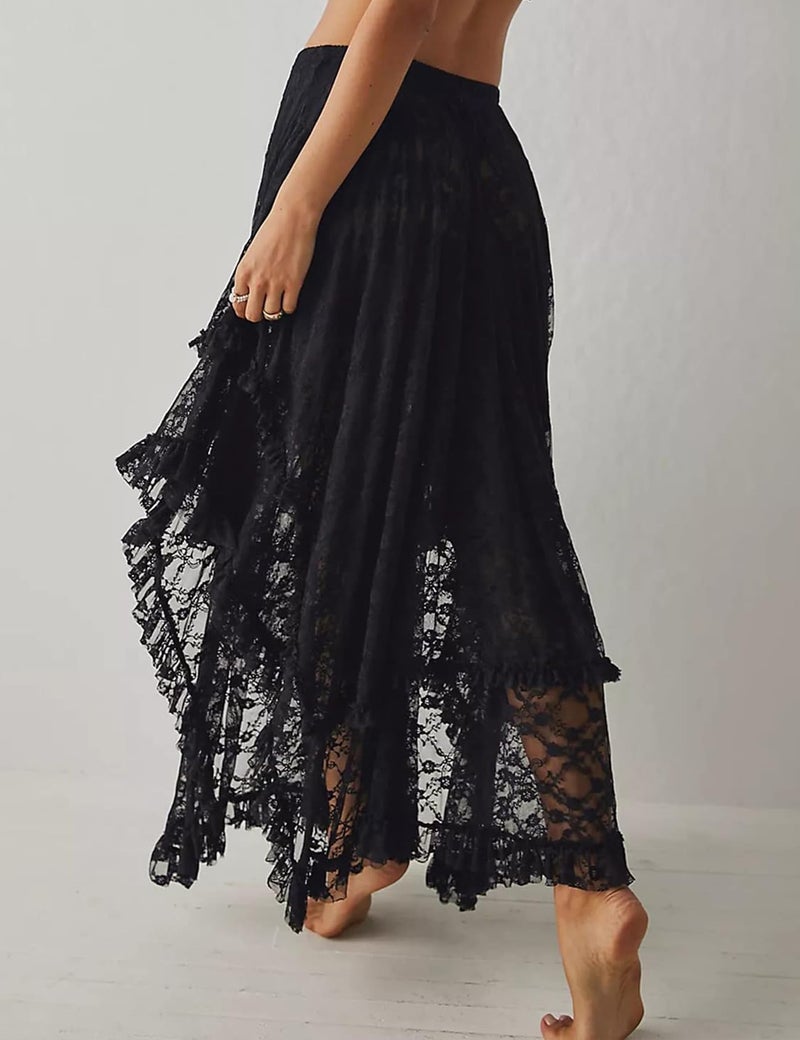 Yimoon Lace Skirts for Women Flowy Boho Maxi Skirt Elastic Asymmetrical Layered See-Through Long Skirt(Black-M) - Image 2