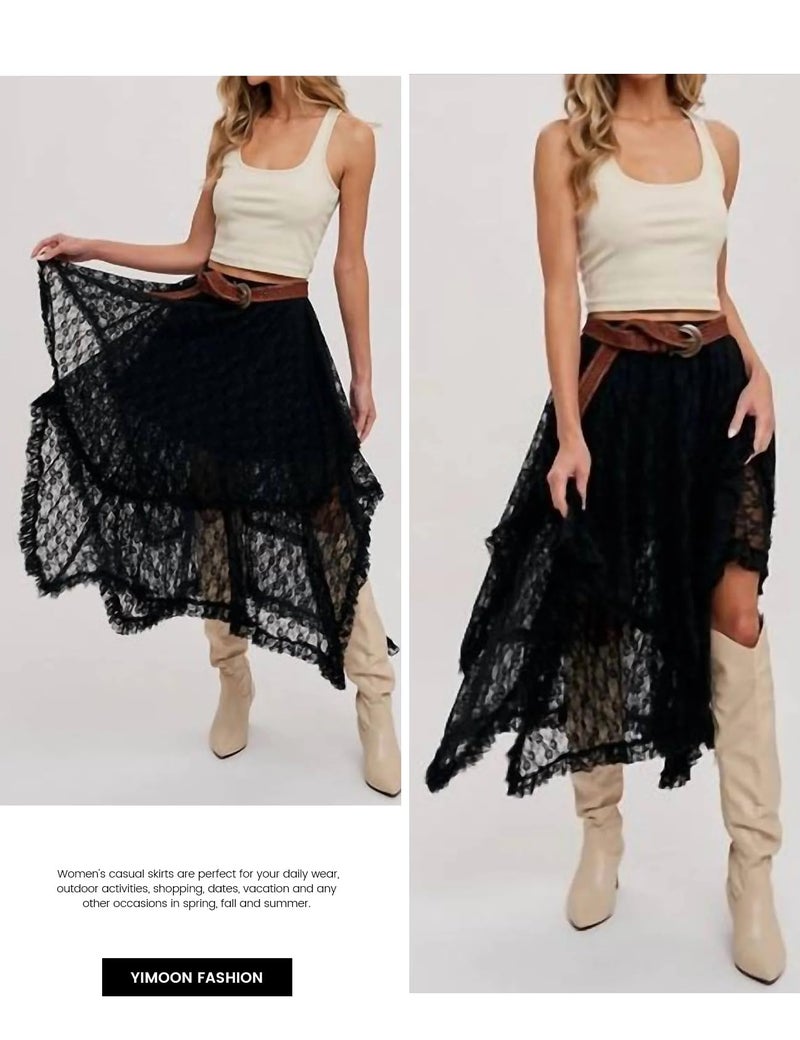 Yimoon Lace Skirts for Women Flowy Boho Maxi Skirt Elastic Asymmetrical Layered See-Through Long Skirt(Black-M) - Image 5