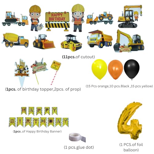 FI - FLICK IN 57 pcs Construction Theme Happy Birthday Decoration for Kids JCB Decorations Item for 4th Birthday Party with Vehicle Truck Cutout , Banner Balloons (Pack of 57 , Multicolor) - Image 2