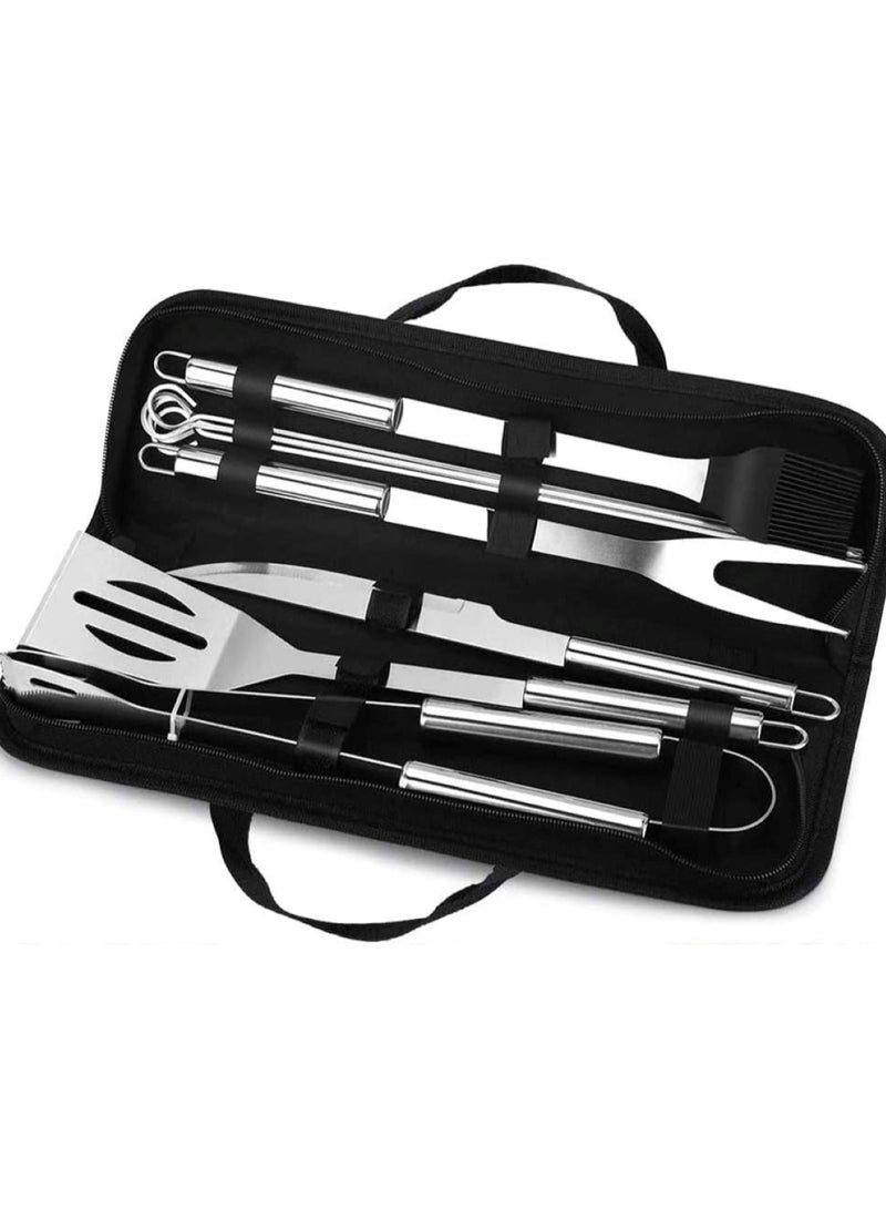 9-Piece Stainless Steel BBQ Tool Set with Black Carrying Bag for Outdoor Cooking - Image 2