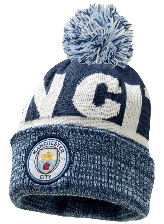 Fan Ink Kid's Manchester City Beanie, Licensed Man City Pom Pom Knit Skull Winter Hat Blue - Image 1