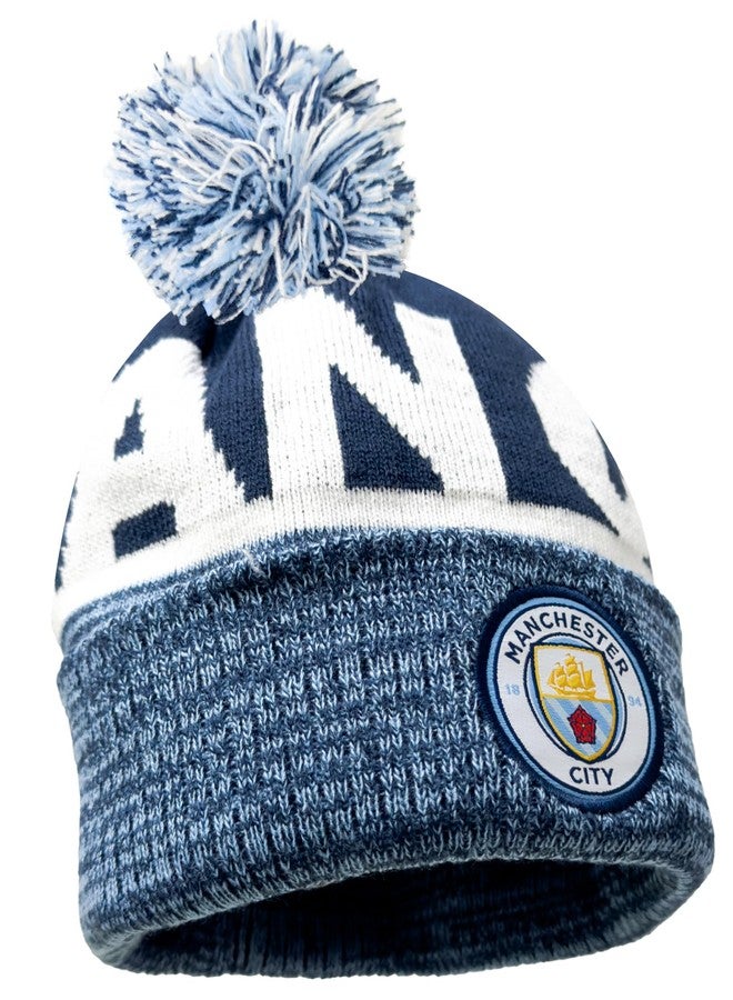 Fan Ink Kid's Manchester City Beanie, Licensed Man City Pom Pom Knit Skull Winter Hat Blue - Image 2
