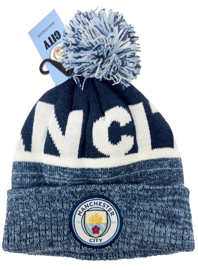 Fan Ink Kid's Manchester City Beanie, Licensed Man City Pom Pom Knit Skull Winter Hat Blue - Image 3