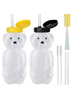 Aozita 2 Pack Honey Bear Straw Cups With 4 Flexible Straws & Cleaning Tools(2 Straw Brushes &1 Bottle Brush) 8Ounce Therapy Sippy Bottles For Speech And Feeding Training Leakproof & Foodgrade & Bpa Free  - Image 1