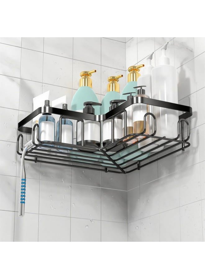 Moforoco Adhesive Corner Shower Caddy, 3 Pack Organizer Shelf with Soap Holder and 12 Hooks, Shelves Rustproof for Bathroom, Storage Basket Bathroom Accessories(Black) - Image 3