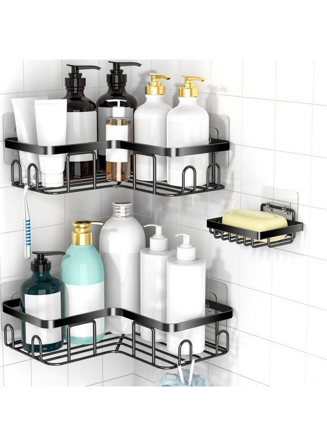 Moforoco Adhesive Corner Shower Caddy, 3 Pack Organizer Shelf with Soap Holder and 12 Hooks, Shelves Rustproof for Bathroom, Storage Basket Bathroom Accessories(Black) - Image 1