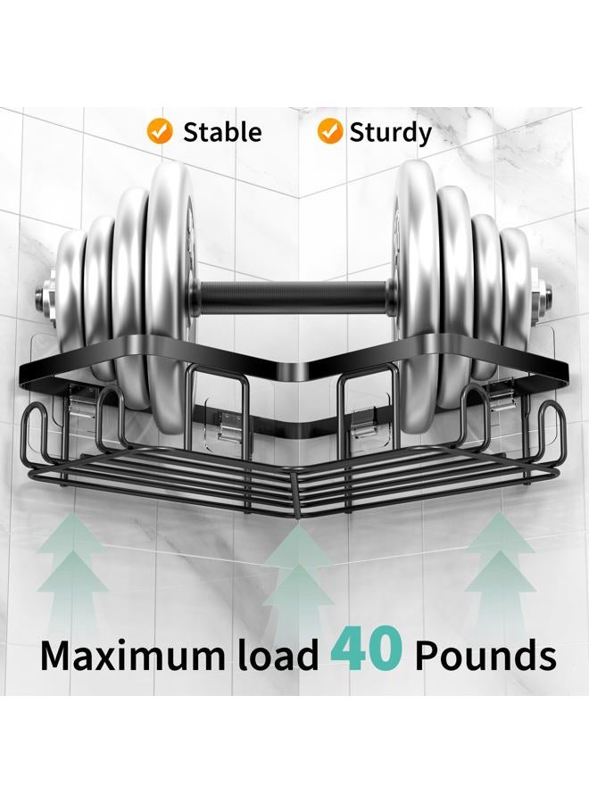 Moforoco Adhesive Corner Shower Caddy, 3 Pack Organizer Shelf with Soap Holder and 12 Hooks, Shelves Rustproof for Bathroom, Storage Basket Bathroom Accessories(Black) - Image 2