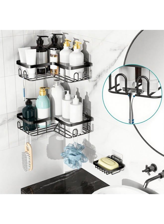 Moforoco Adhesive Corner Shower Caddy, 3 Pack Organizer Shelf with Soap Holder and 12 Hooks, Shelves Rustproof for Bathroom, Storage Basket Bathroom Accessories(Black) - Image 4