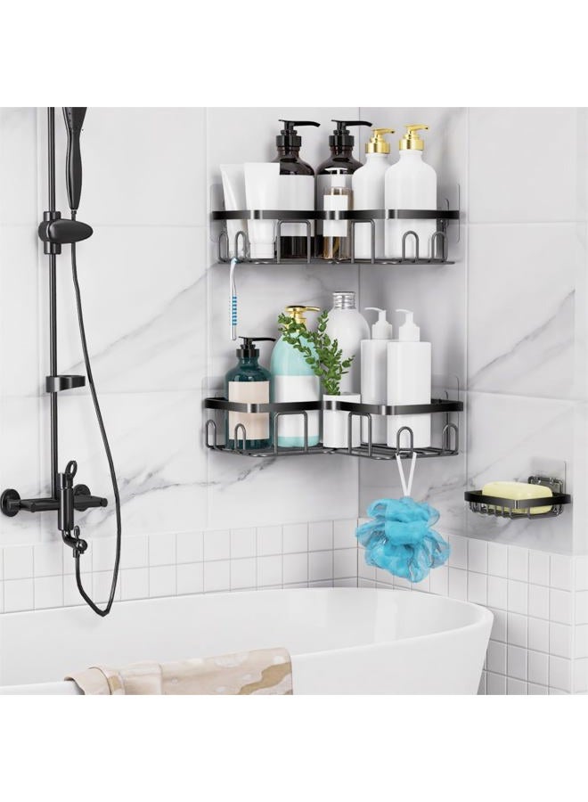 Moforoco Adhesive Corner Shower Caddy, 3 Pack Organizer Shelf with Soap Holder and 12 Hooks, Shelves Rustproof for Bathroom, Storage Basket Bathroom Accessories(Black) - Image 5
