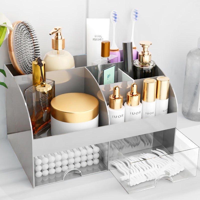 COMFYROOM Makeup Organizer with Drawers, Cosmetic Storage for Dresser Vanity and Bathroom Countertop, Beauty Holder for Lipstick Brush, Skincare Organizer for Vanity, Cosmetic Display Case (Grey) - Image 1