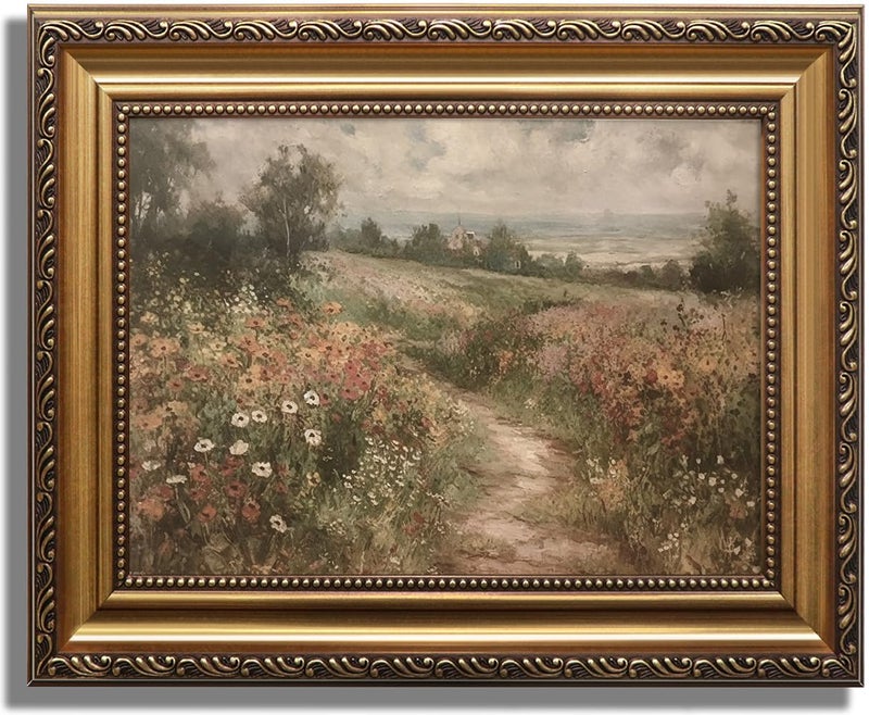 KBKBART Gold Framed Canvas Wall Art for Living Room, Vintage Countryside Wildflower Field Painting Farmhouse Decor, Retro Nature Wilderness Canvas Art Prints for Wall Decor, Rustic Landscape Wall Decor for Bathroom, Bedroom Living Room, Vintage Art Wall Decor(9"x12") - Image 1