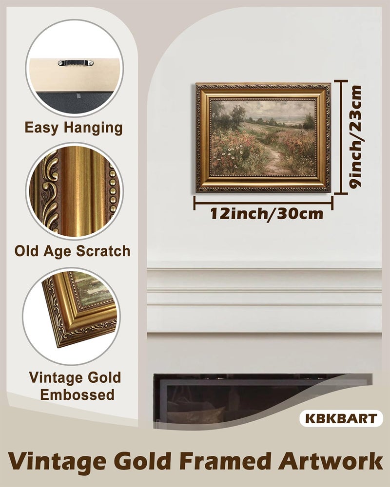 KBKBART Gold Framed Canvas Wall Art for Living Room, Vintage Countryside Wildflower Field Painting Farmhouse Decor, Retro Nature Wilderness Canvas Art Prints for Wall Decor, Rustic Landscape Wall Decor for Bathroom, Bedroom Living Room, Vintage Art Wall Decor(9"x12") - Image 2