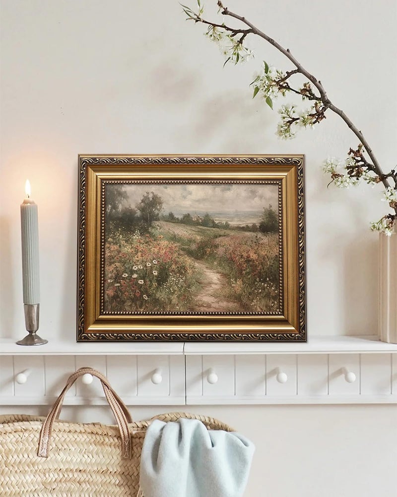 KBKBART Gold Framed Canvas Wall Art for Living Room, Vintage Countryside Wildflower Field Painting Farmhouse Decor, Retro Nature Wilderness Canvas Art Prints for Wall Decor, Rustic Landscape Wall Decor for Bathroom, Bedroom Living Room, Vintage Art Wall Decor(9"x12") - Image 3