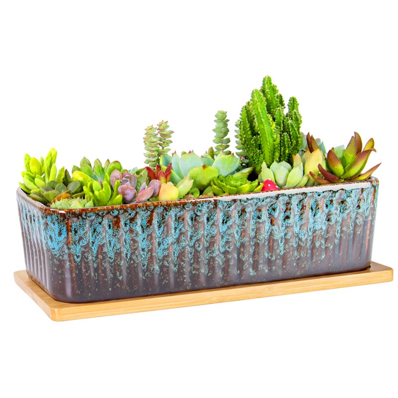ARTKETTY Succulent Pots - 12 Inch Large Succulent Planters with Drainage Tray, Window Sill Planter, Long Rectangle Ceramic Pots for Indoor Cactus Plants Shallow Bonsai Window Box for Home Garden Decor - Image 1