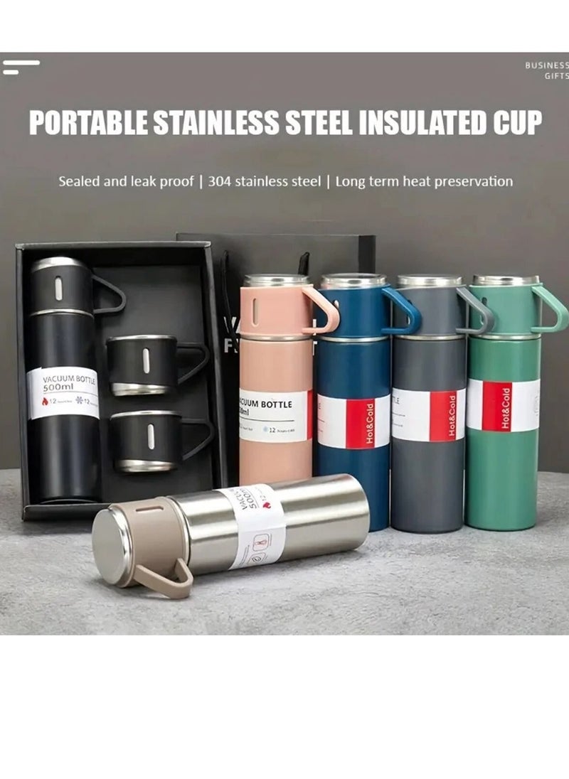 Generic - Thermos Set (Bottle and 2 Cups with the possibility of using the lid as a third cup) Made of double-layer stainless steel with a vacuum flask, travel and trip bottle, capacity 500 ml (Pink) - Image 1