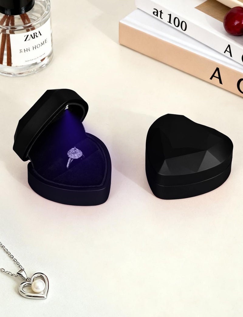 Hatori Engagement Ring Box with LED Lighted, Heart Shaped Jewelry Velvet Ring Box for Wedding Rings, Ceremony, Proposal, Anniversary Birthday - Image 2