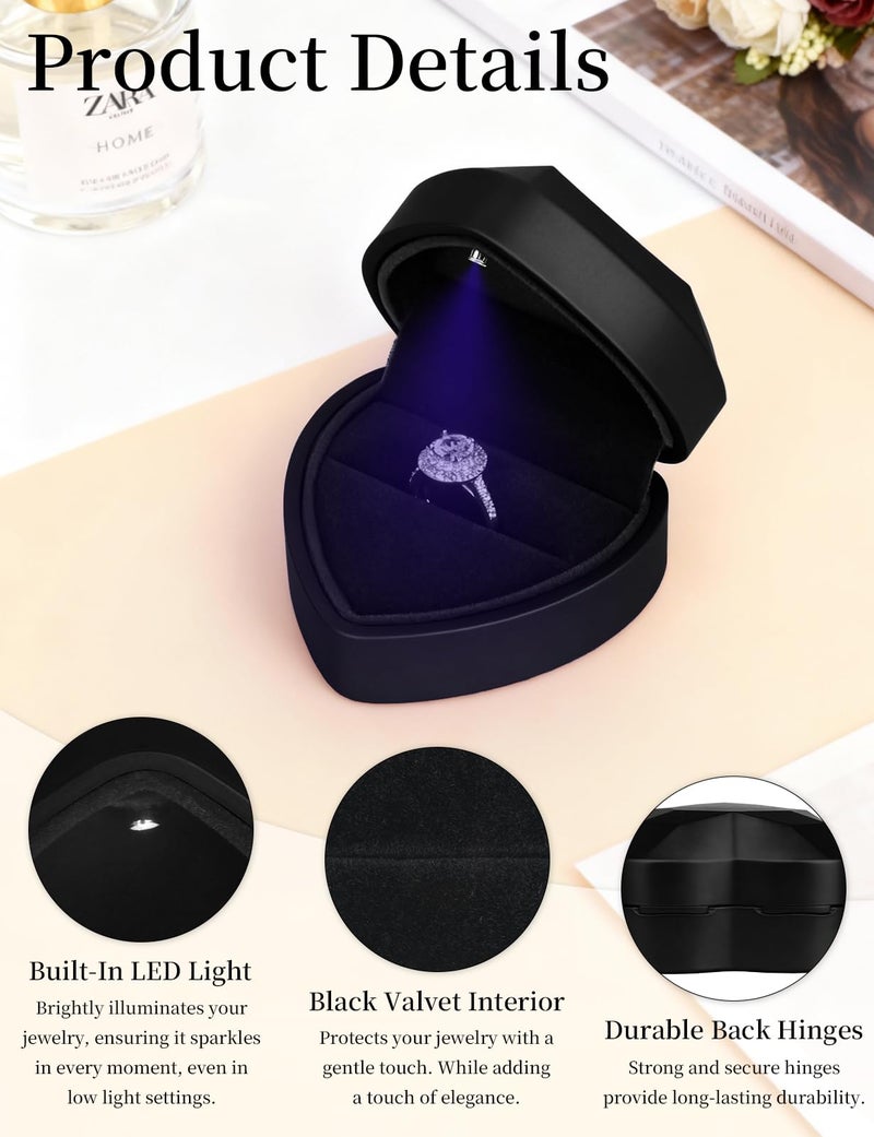 Hatori Engagement Ring Box with LED Lighted, Heart Shaped Jewelry Velvet Ring Box for Wedding Rings, Ceremony, Proposal, Anniversary Birthday - Image 3