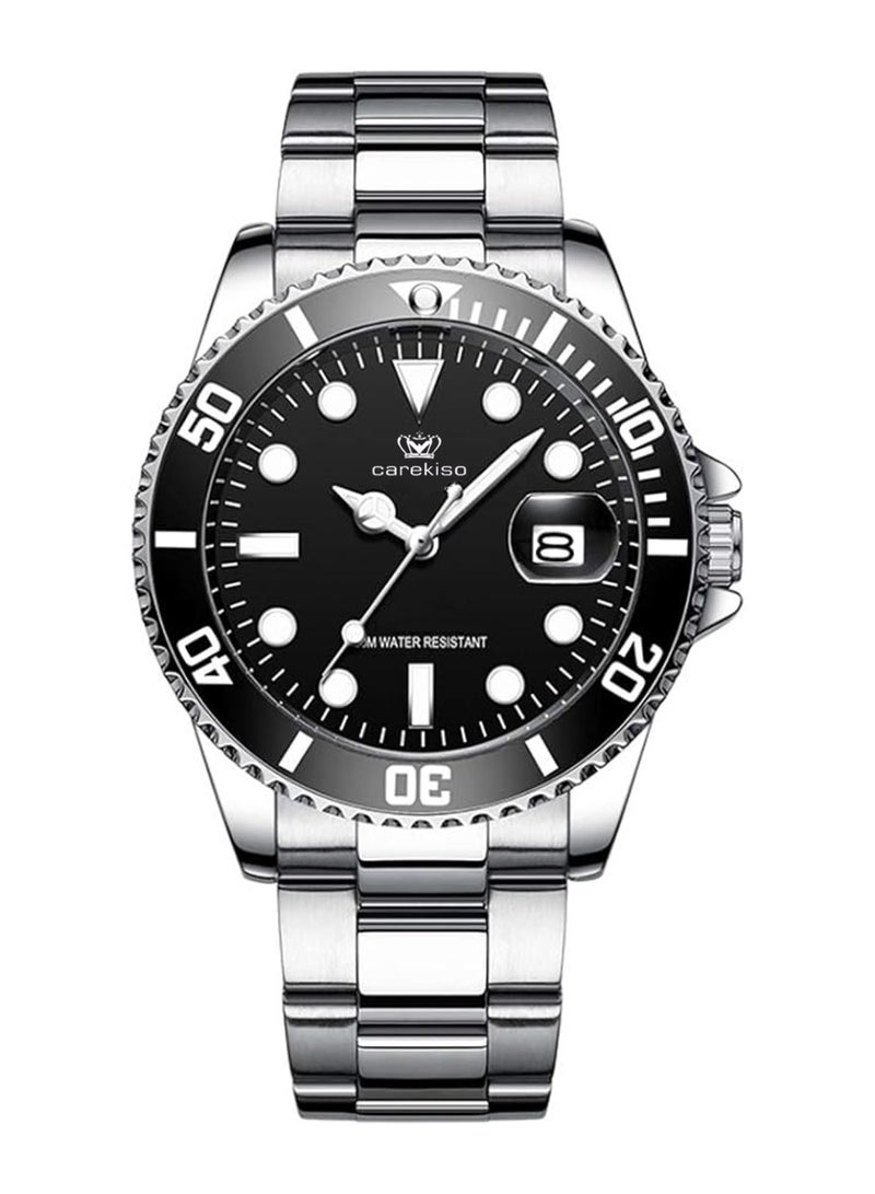 POEDAGAR Men's Quartz Silver Stainless Steel Band Black Dial Watch 41mm - Image 1