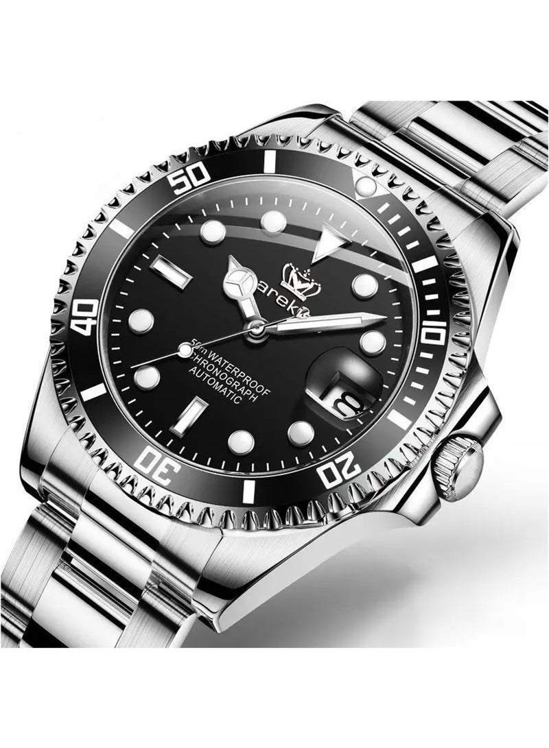 POEDAGAR Men's Quartz Silver Stainless Steel Band Black Dial Watch 41mm - Image 2