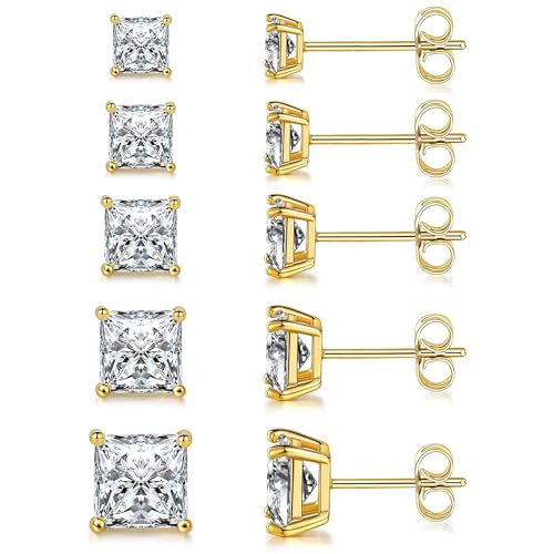 MDFUN Gold Stud Earrings Set 18K Yellow Gold Plated Hypoallergenic Princess Cut Square Clear Cubic Zirconia Stud Earring for Women 3-7 MM Pack of 5 Pairs - Image 1