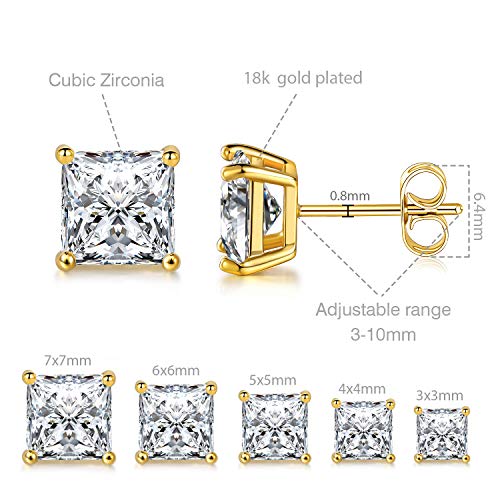 MDFUN Gold Stud Earrings Set 18K Yellow Gold Plated Hypoallergenic Princess Cut Square Clear Cubic Zirconia Stud Earring for Women 3-7 MM Pack of 5 Pairs - Image 4