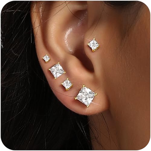 MDFUN Gold Stud Earrings Set 18K Yellow Gold Plated Hypoallergenic Princess Cut Square Clear Cubic Zirconia Stud Earring for Women 3-7 MM Pack of 5 Pairs - Image 3