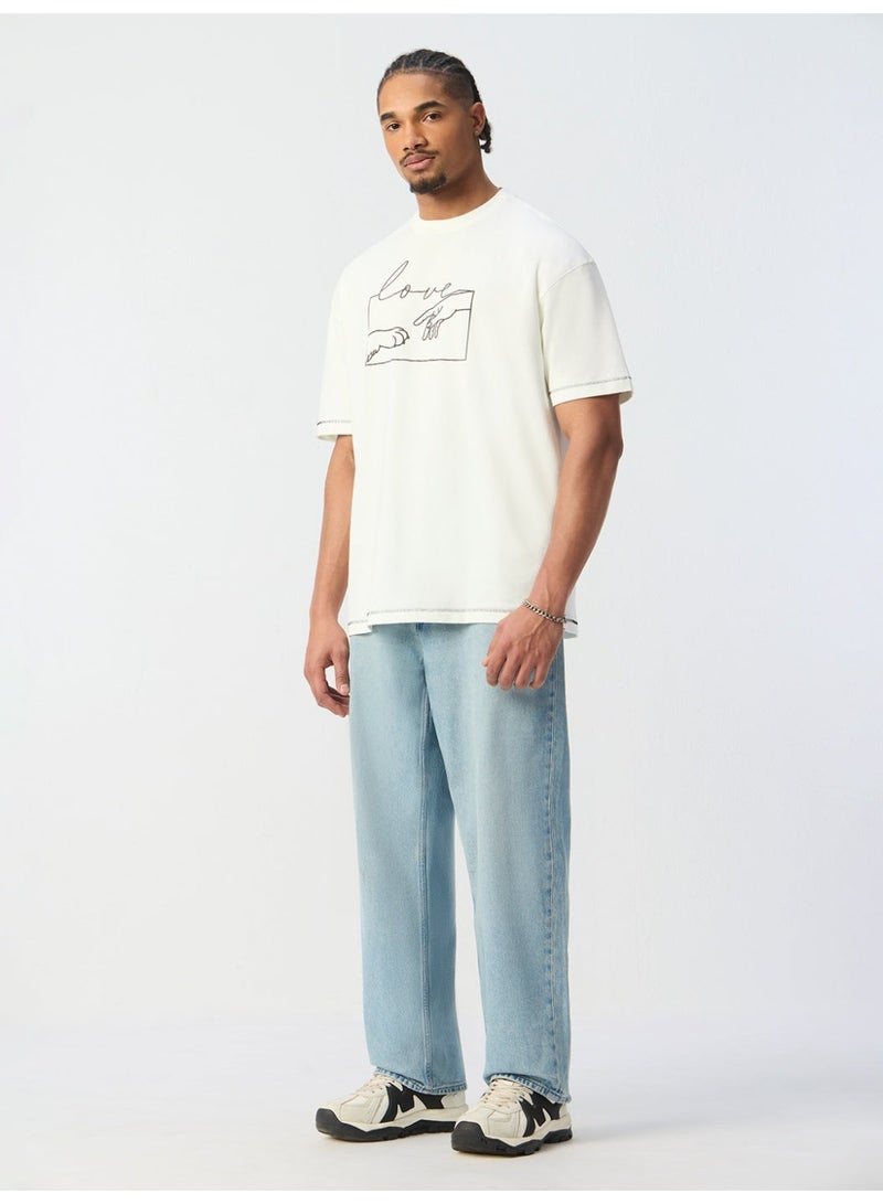 The Souled Store The Happy Pawdcast: Love Men and Boys Short Sleeves Round Neck Off White Minimalist Graphic Oversized T-Shirts - Image 2