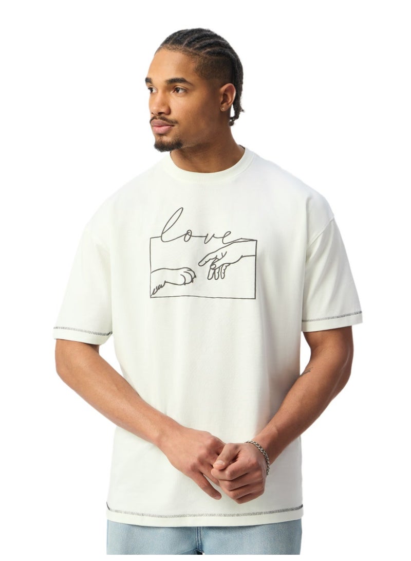 The Souled Store The Happy Pawdcast: Love Men and Boys Short Sleeves Round Neck Off White Minimalist Graphic Oversized T-Shirts - Image 1