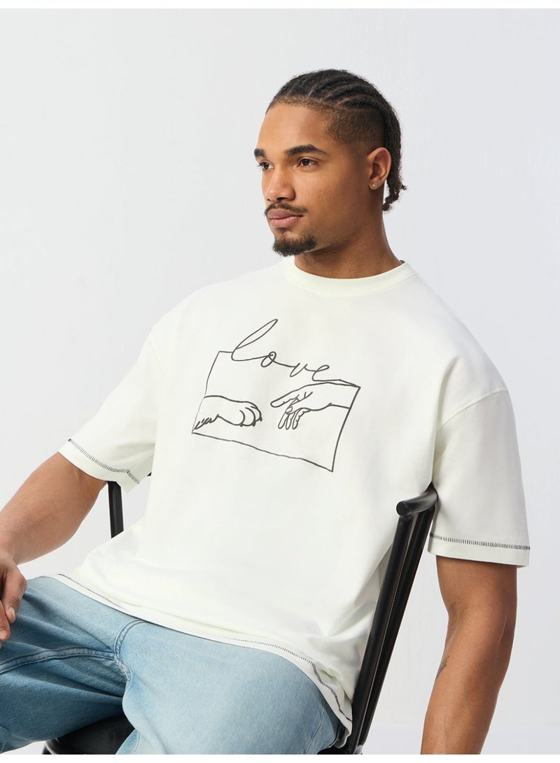 The Souled Store The Happy Pawdcast: Love Men and Boys Short Sleeves Round Neck Off White Minimalist Graphic Oversized T-Shirts - Image 3